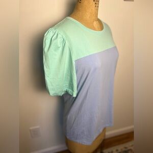 Michelle McDowell puff sleeve short sleeve t-shirt mint green and light blue
